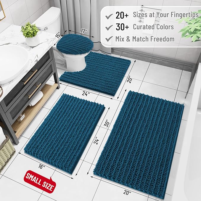 Arotive Luxury Chenille Bathroom Rug Mat, Extra Soft Thick Absorbent Shaggy Bath Rugs, Non-Slip Machine Wash Dry, Plush Bath Mats for Bathroom, Shower and Tub, 70x24, Peacock Blue