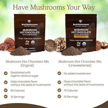 Real Mushrooms Organic Hot Chocolate Mix with Reishi, Turkey Tail, Chaga, Shiitake, Maitake – Cacao Powder Organic Mushroom– 5 Defenders Mushroom Cacao Powder, Vegan, Gluten-Free, 15 Servings