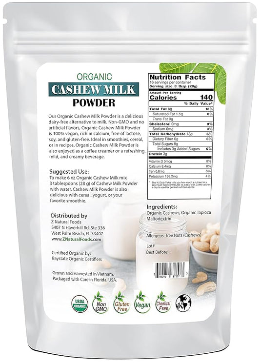 Z Natural Foods Organic Cashew Milk Powder, Cashew Milk for Healthy Insulin Levels, Heart, and Skin, Ideal for Smoothies, Cereal, and Recipes, Non-GMO, Vegan, Gluten-Free, Kosher, 1 lb.