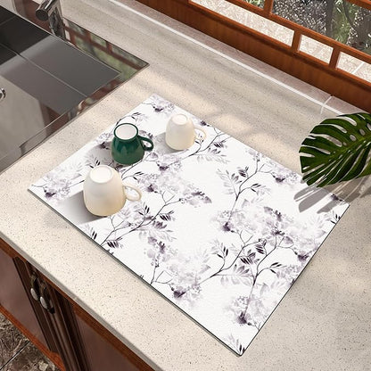 Dish Drying Mat, Diatomaceous Earth Soft Coffee Mat, Absorbent Silicone Dish Drying Mat for Kitchen Counter or Sink for Kitchen Bathroom Coffee Bar (Inked Flower, 12 x 16 Inches)