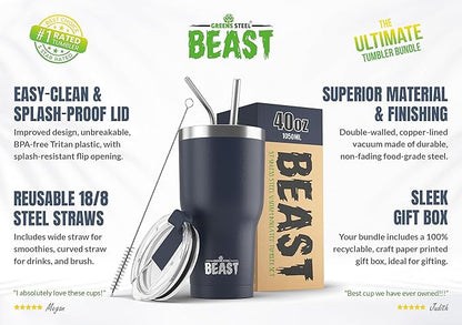 Beast 40 oz Tumbler Stainless Steel Vacuum Insulated Coffee Ice Cup Double Wall Travel Flask (Navy Blue)