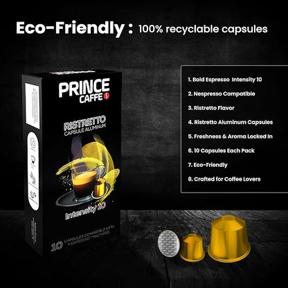 Prince Caffe Espresso Pods – Ristretto Intensity 10, Dark Roast, The Espresso Coffee Pods Are Compatible with Nespresso Original Line Machines, 30 Count (3 x 10 Capsules) Premium Quality Coffee Capsules.