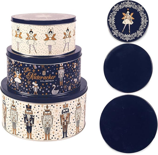 Steel Mill & Co Tin Containers with Lids, 3 Pack Christmas Cookie Tins, Festive Cookie Tins for Gift Giving & Holiday, Large Medium Small (The Nutcracker)