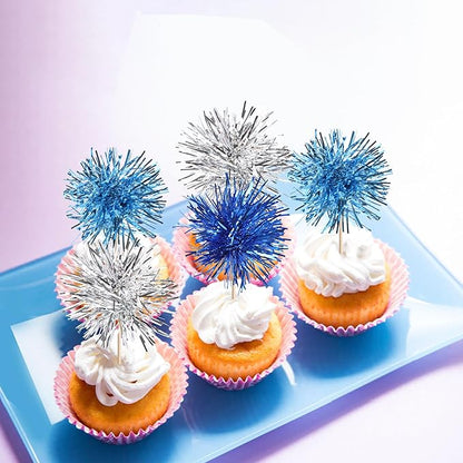 30 PCS Foil Firework Cupcake Toppers Sparkle Tinsel Cupcakae Picks Foil Firework Decorations Cocktail Fruit Toothpick for Fireworks Theme Birthday Wedding Graduation Party Decor Blue Silver Light Blue