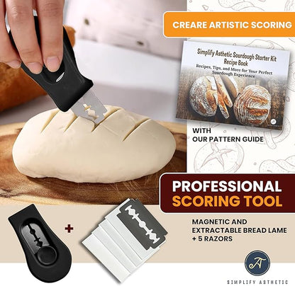 Sourdough Starter Kit with 35oz Jar, 2 Cotton Rope Proofing Baskets (9" round & 10" oval), Recipe Book,Thermometer, Bread Lame, Silicone Spatula & Bread Bag - Complete Sourdough Baking Supplies &Tools