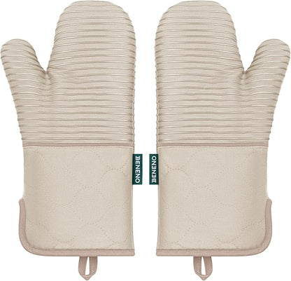 Beneno Kitchen Oven Mitts 2-Pack Heat Resistant to 500°F with Non-Slip Silicone Grip, Extra Long 14.3" Forearm Protection, Soft Quilted Cotton Terry Lining, Ideal for Cooking, Baking, Grilling, Beige