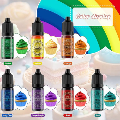 Cherrysea Food Coloring for Cake Decorating Rainbow Edible Food Dye for Baking Royal Icing Cookie Supplies Gluten Free 7x12ml Food Grade Liquid Food Color Kit, 0.4 Fl. Oz/Bottles