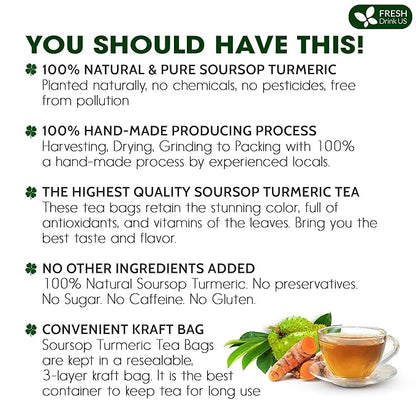 FreshDrinkUS, Premium 60 Soursop Turmeric Tea Bags, 100% Natural, Blend of Soursop Leaves, and Turmeric Root. Made with Natural Material Tea Bags. No Sugar, Vegan.