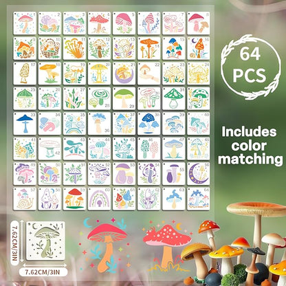 Felixcraft Mushroom Stencils for Painting, 64PCS 3x3 Inch Plastic Forest Stencils for Crafts Reusable, Durable PET Material for Wood Signs, Wall Art, Fabric Painting, and Magical DIY Art Projects