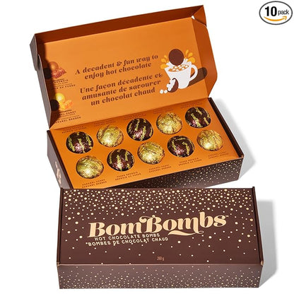 Bombombs Hot Chocolate Bombs, Classic Milk Chocolate Cocoa Bomb Gift Set, Includes 2 Flavors; Caramel Candy and Fudge Brownie Filled with Mini Marshmallows, Set of 10