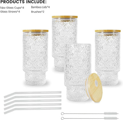 4 Pcs 16oz Drinking Glasses Cups Set with Bamboo Lids Straws Brush Begonia Vintage Glassware Set for Juice Iced Coffee Beer Cocktail Whiskey