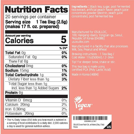 OSULLOC Sunset Peach Cold Brew Tea, Sweet peach flavored iced tea, Hydration Tea Packets (20ea, 1.76oz)