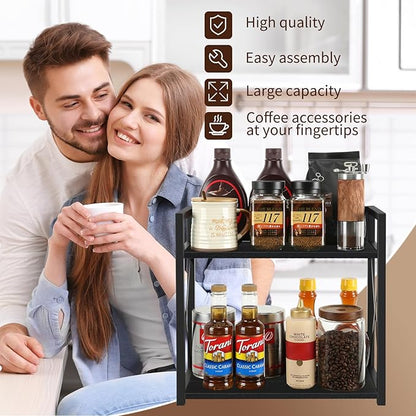 YINMIT Countertop Shelf Organizer,Coffee Bar Accessories,Spice Rack,Coffee Counter Shelf,2 Tier Coffee Organizer Station for Mugs,Cups,Cream,Syrup(Black, Large)