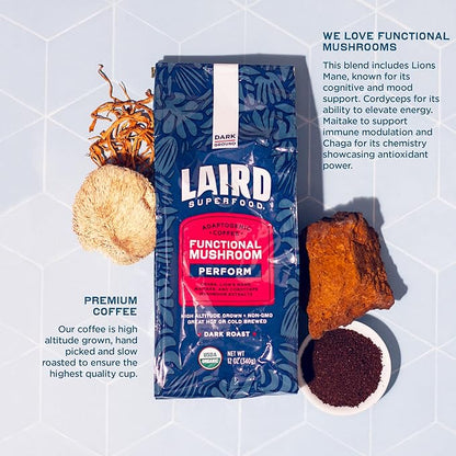 Laird Superfood Peruvian Dark Roast Coffee with Functional Mushrooms, Certified Organic Peruvian Ground Coffee Beans, Gluten-Free, Dairy-Free, Non-GMO, Paleo, Keto Friendly, 12 oz. Bag