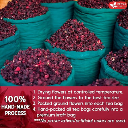 FreshDrinkUS, Premium 115 Hibiscus Flowers Tea Bags, 100% Natural & Pure. Loose Flower Hibiscus Herbal Tea. No Sugar, No Caffeine, No Gluten, Vegan.