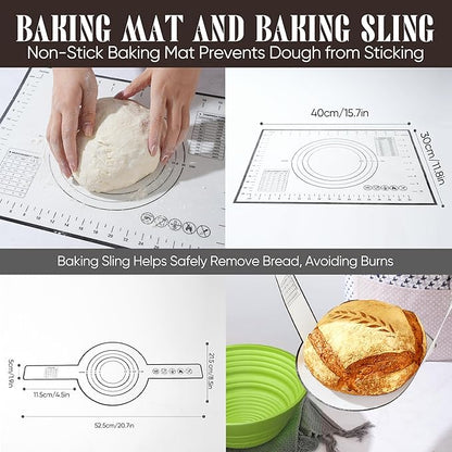 Sourdough Starter Kit with Jar – Complete Sourdough Bread Baking Supplies for Beginners, Includes 2 Silicone Proofing Baskets Baking Mat Sour Dough Kit - Green