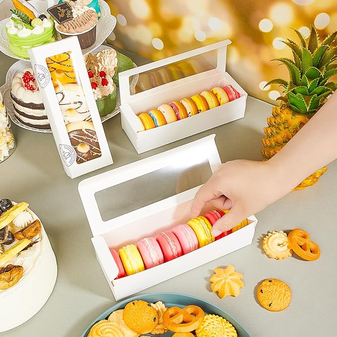 Sherr 50 Pcs White Macaron Boxes with Window, Cookies Boxes with 200 Pcs Stickers Long Bakery & Dessert Gifts Containers for Donuts, Pastry, Chocolate Covered Strawberry