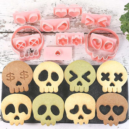 Mini Skull Cookie Cutter Set, Interchangeable DIY Halloween & Día de los Muertos Biscuit Stamps, 3D Raised Design Molds for Cookie Decorating, Cupcakes, Day of the Dead Pastries & Party Treats
