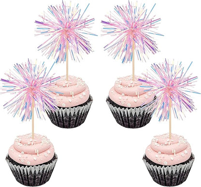 30 PCS Foil Firework Cupcake Toppers Happy Birthday Cupcake Toppers Sparkle Tinsel Flower Drink Stirrers Cocktail Fruit Toothpicks for Valentine's Day Baby Shower Party Cake Decor Supplies Pink