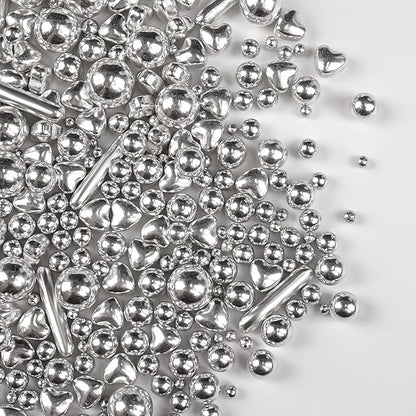 Silver Pearl Rods Heart Sprinkles, Baking Sugar, Silver Sprinkles for Cake, Mix Size, Cupcake Decoration, Holiday, Mother's Day, Wedding Party Supplies