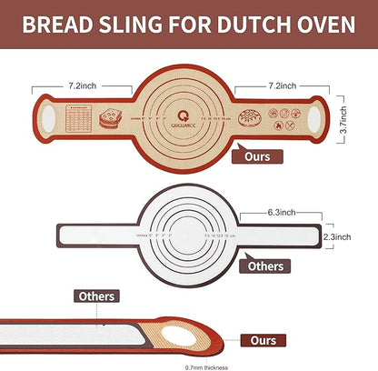 Silicone Sourdough Bread Sling Mat - 2Set Round Dough Baking Slings For Dutch Oven, NonStick High Degree Kitchen Sourbread Making Loaf Pan Lifter Liner, Reusable Cooking Transfer Mats with Long Handle