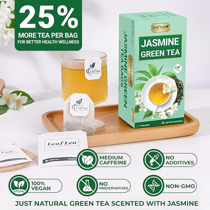 LeafLea 40 Jasmine Green Tea Bags, Premium Green Tea Scented with Jasmine Flowers for Gentle Support & Light Alertness, Floral Smoothness, Caffeinated, Sugar-Free, Non-GMO, Vegan, Individually Wrapped