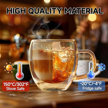 Set of 4 Double Walled Glass Coffee Mugs 3 Ounces Insulated Layer Coffee Cups with Handle Borosilicate Glass Espresso Cup for Hot Beverage,Cappuccino,Tea,Latte,Wine,Microwave Safe