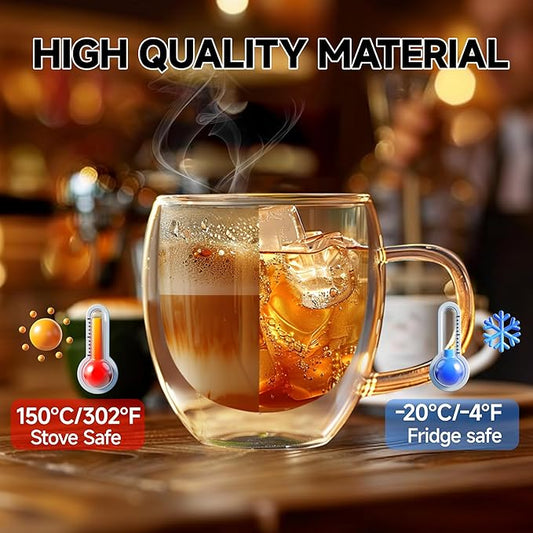 Set of 4 Double Walled Glass Coffee Mugs 3 Ounces Insulated Layer Coffee Cups with Handle Borosilicate Glass Espresso Cup for Hot Beverage,Cappuccino,Tea,Latte,Wine,Microwave Safe