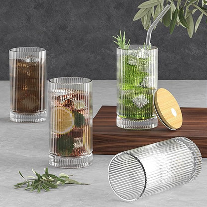 15 Oz Glass Cups with Straws, Vintage Glassware for Whiskey Cocktail Beer, Iced Coffee Cups and Drinking Glassare (4 PACK)