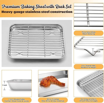 E-far Small Metal Toaster Oven Tray with Rack Set, 9.4”x7.3” Baking Sheet Broiling Pan with Stainless Steel Wire Cooling Rack, Non-Toxic Compact Bakeware for Toaster Oven - Dishwasher Safe