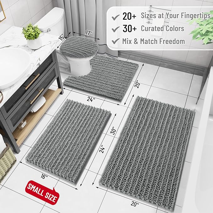 Arotive Luxury Chenille Bathroom Rug Mat, Extra Soft Thick Absorbent Shaggy Bath Rugs, Non-Slip Machine Wash Dry, Plush Bath Mats for Bathroom, Shower and Tub, 30x17, Grey