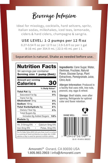Amoretti - Pomegranate Grenadine Beverage Infusion, 94 Servings Per Bottle (750 ml) - Drink Mix & Water Enhancer with Pump for Flavoring Cocktails, Waters, Teas, and other Beverages, Preservative Free