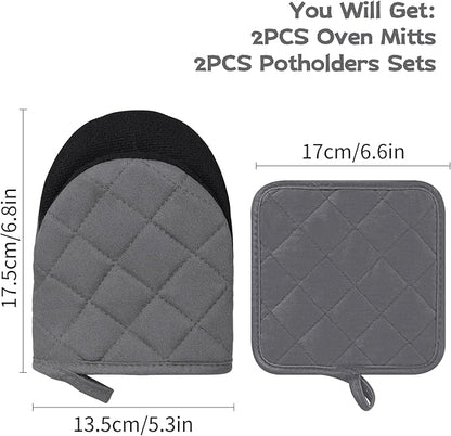 Oven Mitts and Pot Holders Set, Pack of 4, Heat Resistant Silicone Kitchen Mini Oven Mittens for 500 Degrees, Mini Oven Gloves and Hot Pads for Baking Grilling Barbecue Microwave Machine Washable