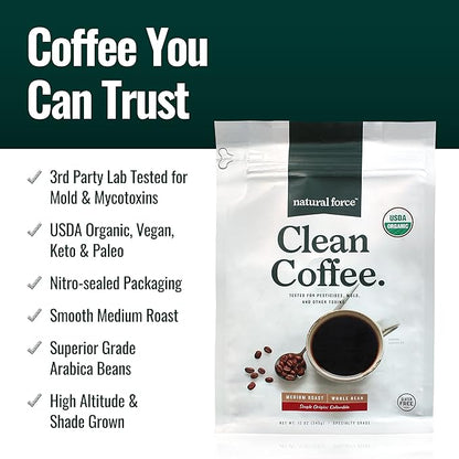 Natural Force - Organic Clean Coffee Classic, Mold & Mycotoxin Free, Lab Tested for Toxins & Purity, Low Acidity, Incredible Taste & Aroma, Whole Bean Medium Roast, 12 oz