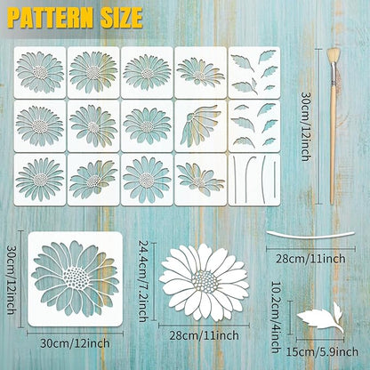 15PCS Large Flower Stencils for Wood Fence 12 x 12 Inch Sunflower Stencil with Brushes Reusable Floral Wall Stencil Sunflower Stencils for Painting on Walls Furniture Garden Fabrics
