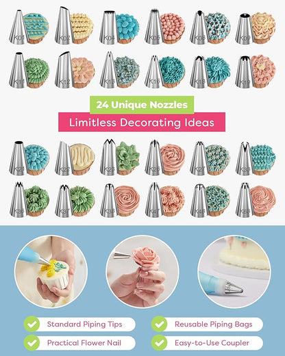 Kootek 32-Piece Piping Bags and Tips Set with 24 Icing Piping Tips, 2 Reusable Pastry Bags 12 Inch, Reusable Piping Icing Bags and Tips, Cake Decorating Kit for Frosting Cookie, Cupcake