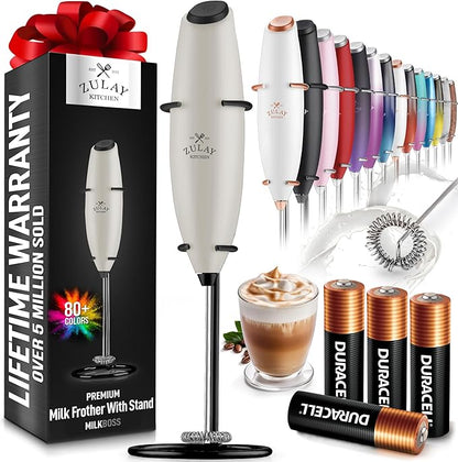 Zulay Powerful Milk Frother (4 Duracell Batteries Included) - Handheld Milk Frother Wand Drink Mixer for Coffee - Powerful Milk Foamer for Cappuccino, Frappe, Matcha - Exec Grey/Black/Black Stand