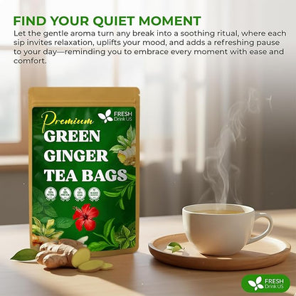 FreshDrinkUS, Premium Green Ginger Tea | 135 Tea Bags | Sencha Green Tea with Ginger, Lemongrass, Turmeric, Hibiscus & Peppermint | Natural Herbal Blend | Comfort & Refreshing, Vegan