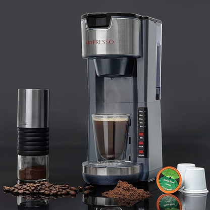 Mixpresso Gray Single Serve Coffee Brewer K-Cup Pods Compatible & Ground, 30 oz Compact Coffee Maker Single Serve With 5 Brew Sizes Up To 14 Oz, Fits Travel Mug, Adjustable Drip Tray