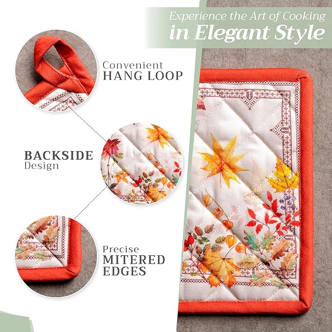 Maison d' Hermine 100% Cotton Oven Mitt & Pot Holder Set (7.5"x13" & 8"x8") Heat Resistant BBQ Cooking Gloves with Loop, Baking, Grilling, Kitchen, Handling Hot Pans (Amarante)