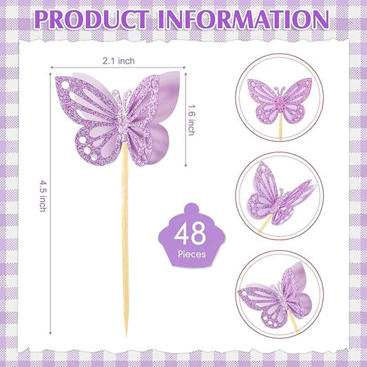 Chinco 48 Pcs Butterfly Cupcake Toppers Assembled Double Layer Cupcake Topper 3D Glitter Cake Topper Butterfly Cocktail Pick Decoration for Baby Shower Birthday Wedding(Purple,Classic Style)