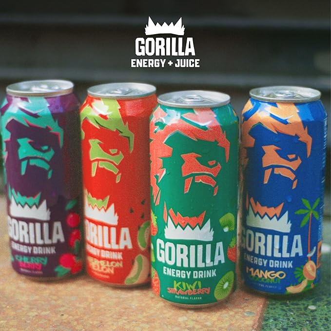 Gorilla Energy Drink, Cherry Berry, 200mg Natural Caffeine, Real Fruit Juice Squeezed & Concentrated, L-Theanine, Taurine, Ginseng, Acetyl L-Carnitine, No Added Sugar and No Artificial Colors, 12 Pack