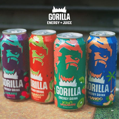 Gorilla Energy Drink, Cherry Berry, 200mg Natural Caffeine, Real Fruit Juice Squeezed & Concentrated, L-Theanine, Taurine, Ginseng, Acetyl L-Carnitine, No Added Sugar and No Artificial Colors, 12 Pack