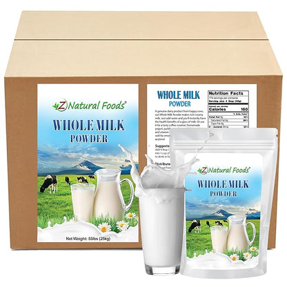Z Natural Foods Premium Whole Milk Powder - Powdered Milk for Baking, Cooking, Drinks - Dry Milk Powder, Pasteurized, Non-GMO, Gluten-Free, Kosher-Certified, 55 lbs