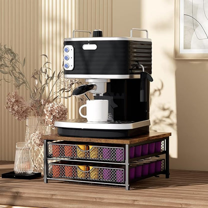 Coffee Pod Drawer K Cups Organizer 2-Tier Coffee Pod Storage Holder with Drawer Baskets 72 Capacity Coffee Capsule Storage Organizer Drawer, Industrial Brown and Black