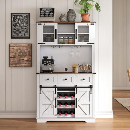 Coffee Bar Cabinet with Sliding Barn Doors 71'' Farmhouse White Pantry Cabinet with Drawers & Wine Glass Rack Rustic Buffet Cabinet for Kitchen, Brown