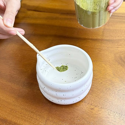 7-piece matcha kit includes matcha bowl. white speckled matcha tea set with bamboo whisk -, sifter, scoop, stainless steel filter, tea caddy, cloth & gift box - for matcha green (7)