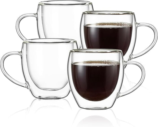 CNGLASS 5oz Espresso Mugs (Set of 4),Double Wall Insulated Glass Coffee Mugs with Handle,Espresso Shot Glasses,Clear Expresso Coffee Cups…