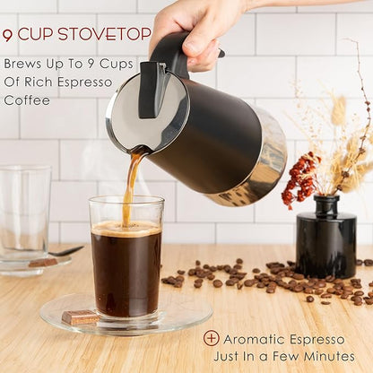 Mixpresso Black 9 Cup Greca Stovetop Espresso Pot 450ml/15oz, Moka Pot with Coffee Percolator Design, Stainless Steel Stove Top Coffee Maker for Camping or Home Use,Italian Stovetop Espresso Maker