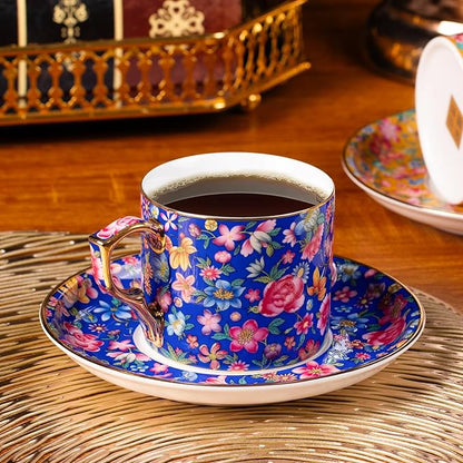 KAMMAK Tea Cups and Saucers Set of 2, Ceramic Coffee Cup with Saucer for Espresso, Cappuccino, 7oz Vintage Yellow and Blue Floral Porcelain Demitasse Mug for Home, Tea Party, Office